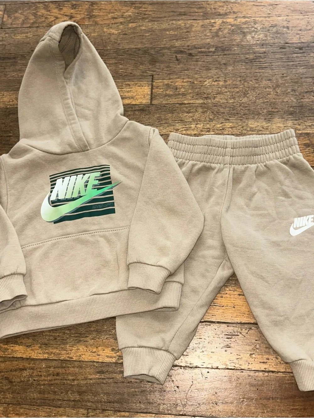 Nike Kids Hoodie & Jogger Set in Taupe with Green Logo